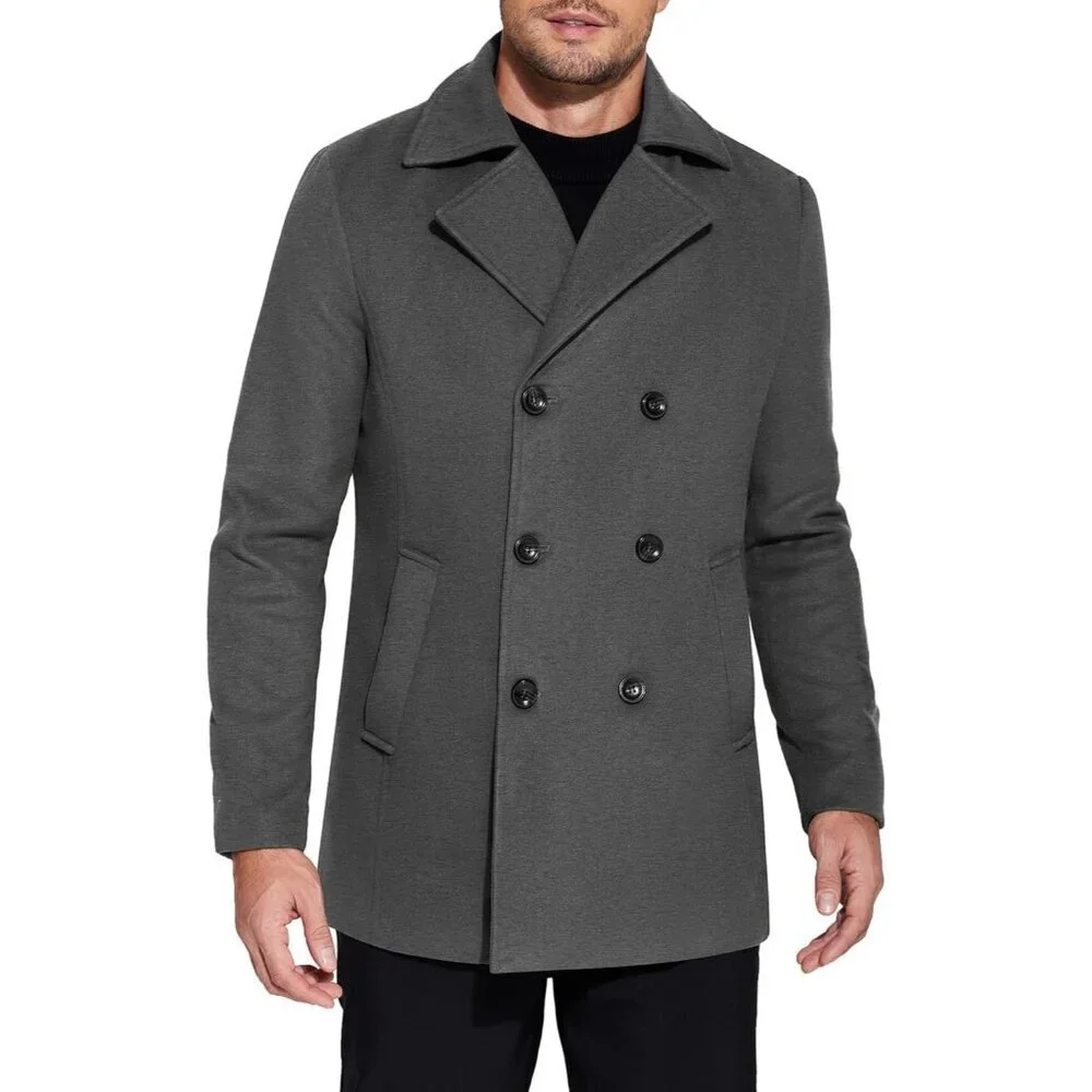 Men's Dark Grey Double Breasted Pea Coat Trench Coat Notched Collar Overcoat